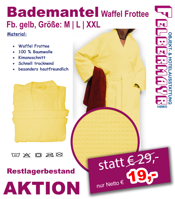 Bademantel Waffel Frottee Fb. gelb